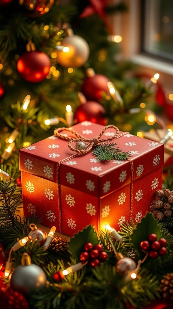 A festive Christmas gift box with decorations, lights, and ornaments.
